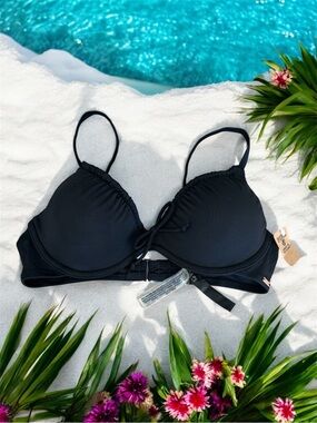 NWT Victoria Secret PINK Swim Bikini Top M Black Padded Bow S